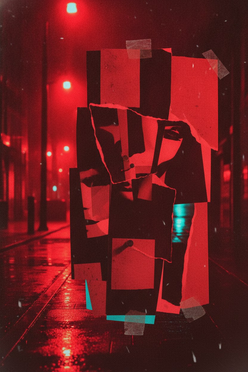 Leon ve Blade Runner temalı neon kırmızı afiş-kolajı