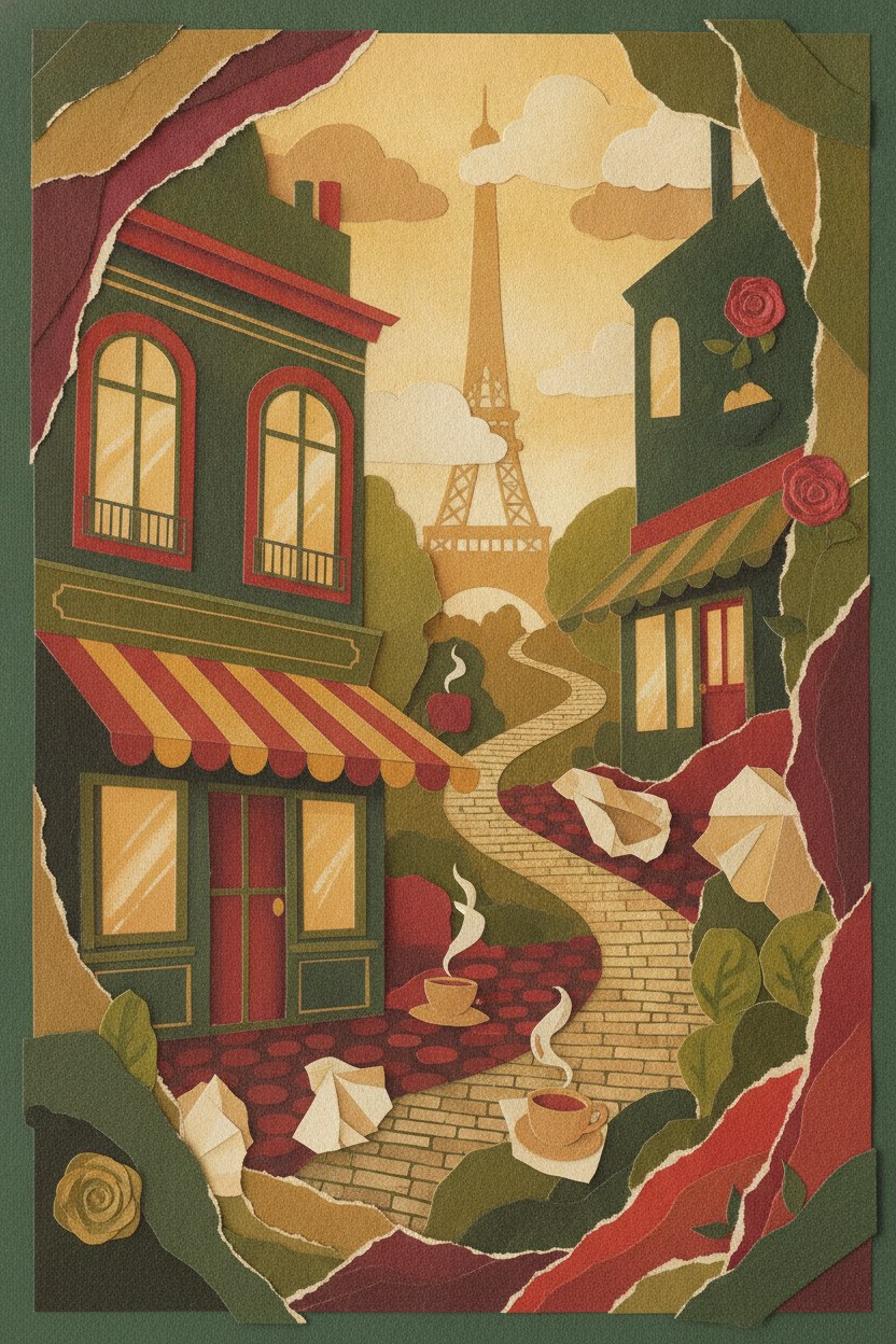Amélie temalı sıcak yeşil kırmızı Paris kolajı